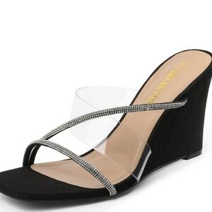 Crossover Sparkly Strap Clear Wedge Sandals Size 8.5